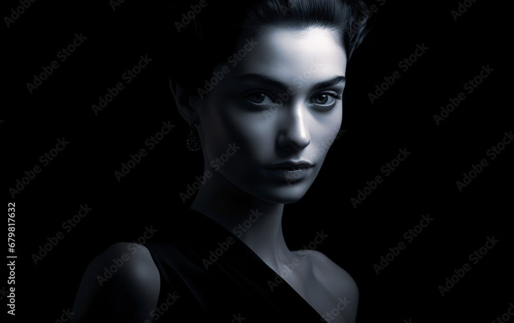 black and white photo of a woman in the dark background