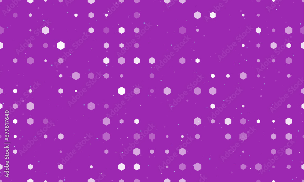 Fototapeta premium Seamless background pattern of evenly spaced white hexagon symbols of different sizes and opacity. Vector illustration on purple background with stars
