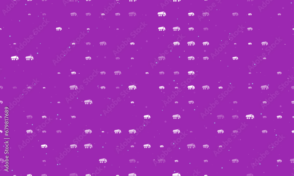 Seamless background pattern of evenly spaced white truck symbols of different sizes and opacity. Vector illustration on purple background with stars