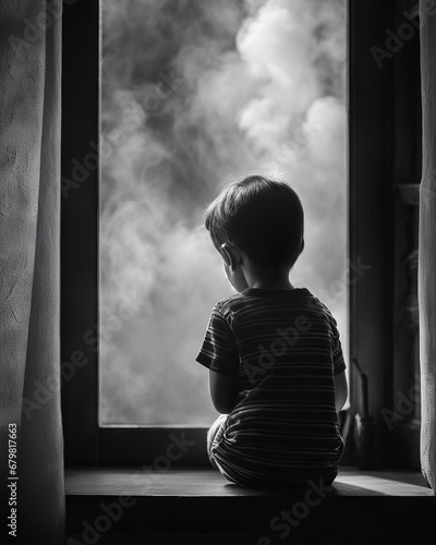 A distraught lonely child sits on a windowsill by a smoke-filled window