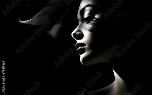 black and white photo of a woman in the dark background
