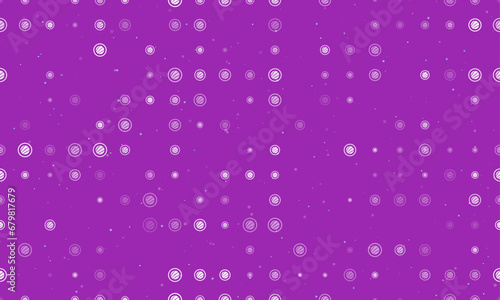 Seamless background pattern of evenly spaced white sushi roll symbols of different sizes and opacity. Vector illustration on purple background with stars