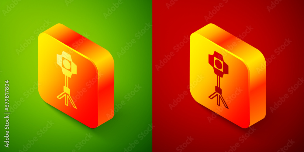 Isometric Studio light bulb in softbox icon isolated on green and red background. Shadow reflection design. Square button. Vector Isometric Studio light bulb in softbox icon isolated on green and red background. Shadow reflection design. Square button. Vector