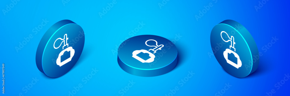 Isometric Aftershave bottle with atomizer icon isolated on blue background. Cologne spray icon. Male perfume bottle. Blue circle button. Vector Isometric Aftershave bottle with atomizer icon isolated on blue background. Cologne spray icon. Male perfume bottle. Blue circle button. Vector