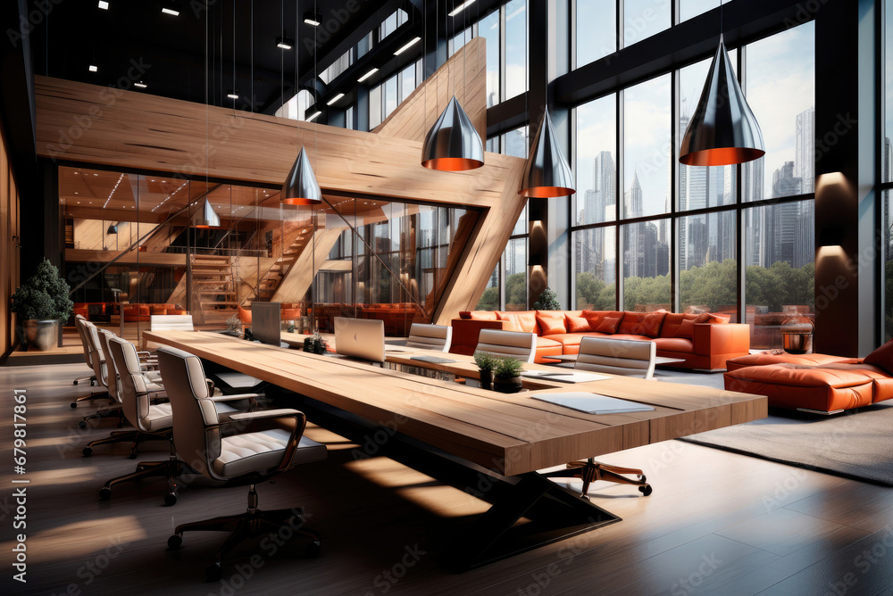 Modern open workspace with a large conference table in a modern business center