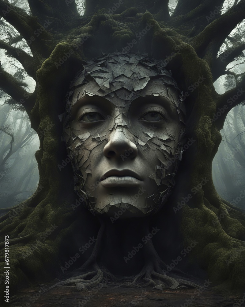 A surreal face with splintered skin in an ancient tree trunk, twilight atmosphere