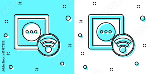 Black line Smart electrical outlet system icon isolated on green and white background. Power socket. Internet of things concept with wireless connection. Random dynamic shapes. Vector