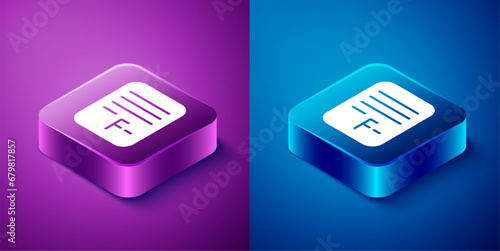 Isometric Exam paper with incorrect answers survey icon isolated on blue and purple background. Bad mark of test results. Square button. Vector