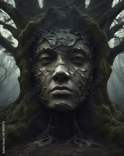 A surreal face with splintered skin in an ancient tree trunk  twilight atmosphere
