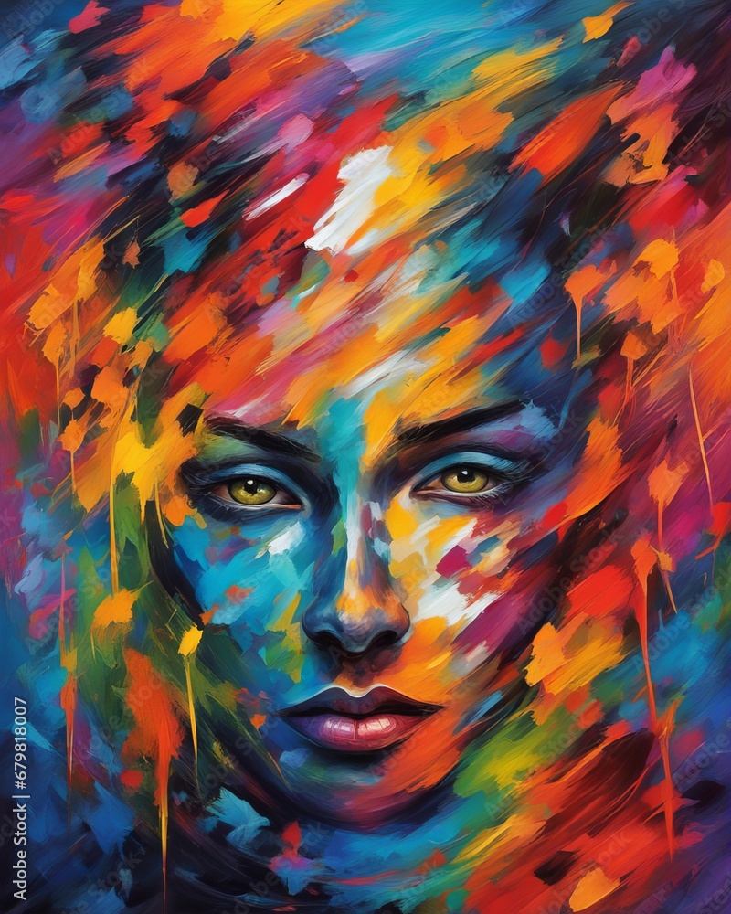 Abstract colorful image of bipolar disorder, mental disorder, female face and paint drips
