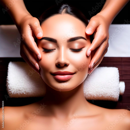 In an atmosphere of tranquility  a woman enjoys a professional facial massage  her serene expression reflecting the relaxation and rejuvenation being imparted to her skin. The therapist s