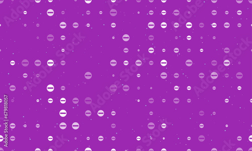 Seamless background pattern of evenly spaced white no entry road signs of different sizes and opacity. Vector illustration on purple background with stars