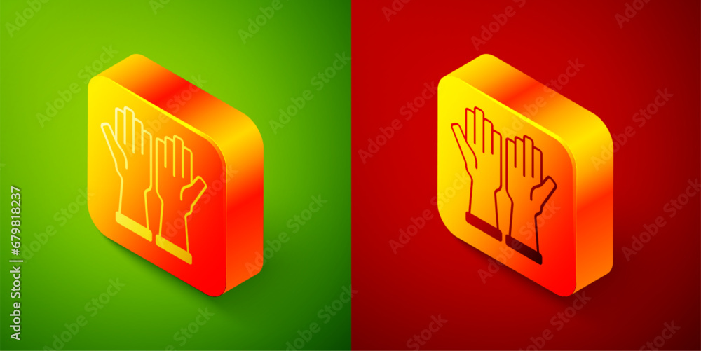 Isometric Rubber gloves icon isolated on green and red background. Latex hand protection sign. Housework cleaning equipment symbol. Square button. Vector Isometric Rubber gloves icon isolated on green and red background. Latex hand protection sign. Housework cleaning equipment symbol. Square button. Vector