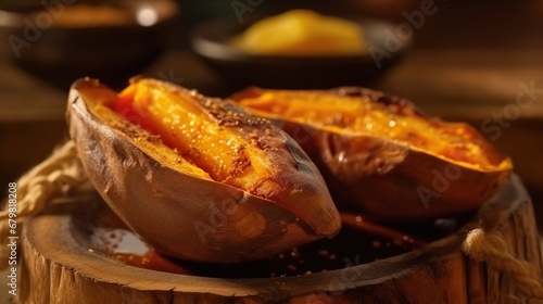 Slices of baked sweet potato on wooden board, closeup photo