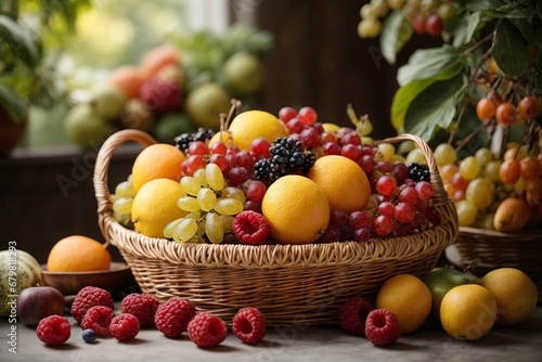 A Vibrant Harvest: A Basket Overflowing with Colorful, Fresh, Ripe, Juicy, Delicious Fruits