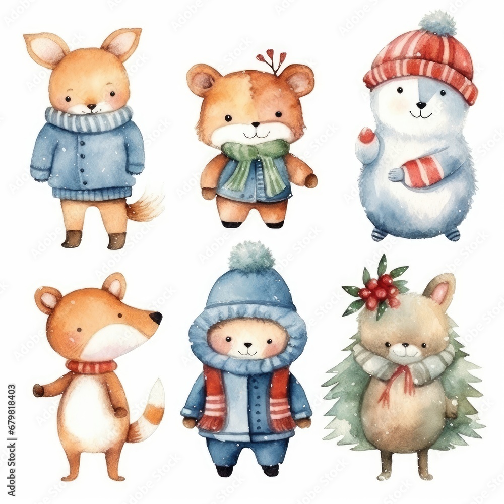 set different cartoon winter cute animals character of watercolors on white background set different cartoon winter cute animals character of watercolors on white background