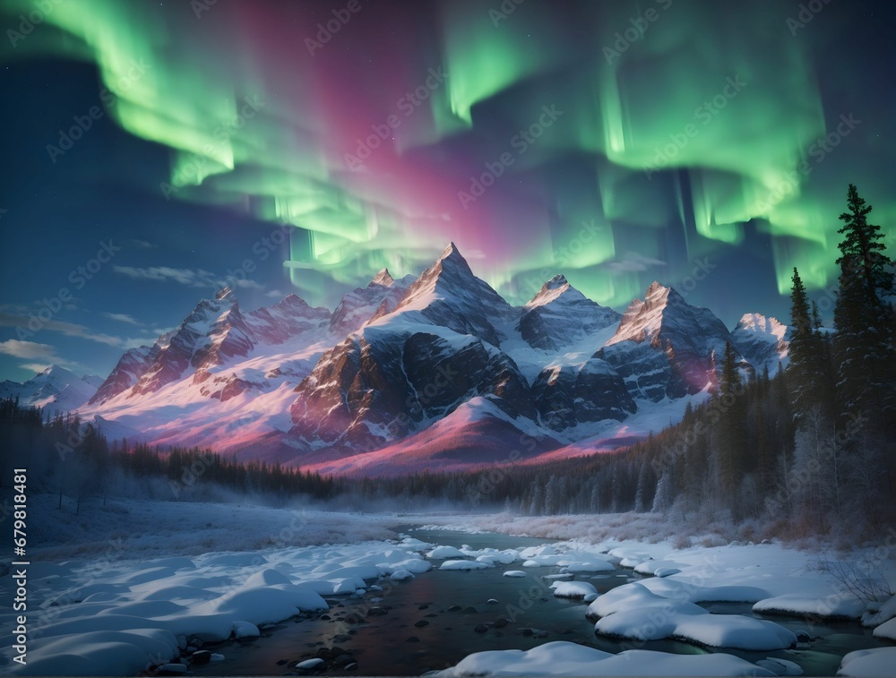 Breathtaking view of an aurora borealis illuminating the night sky above snowy mountain peaks