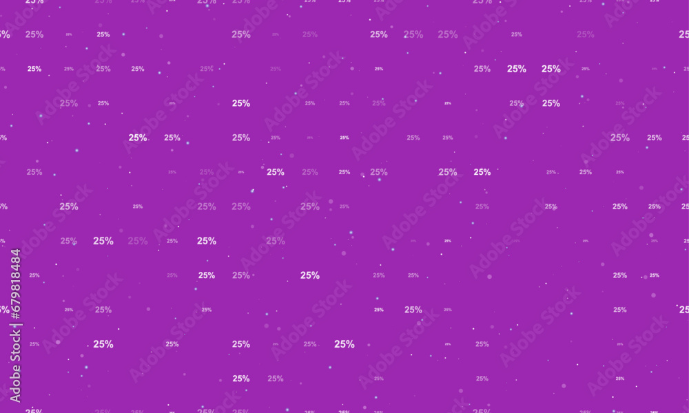 Seamless background pattern of evenly spaced white 25 percent symbols of different sizes and opacity. Vector illustration on purple background with stars