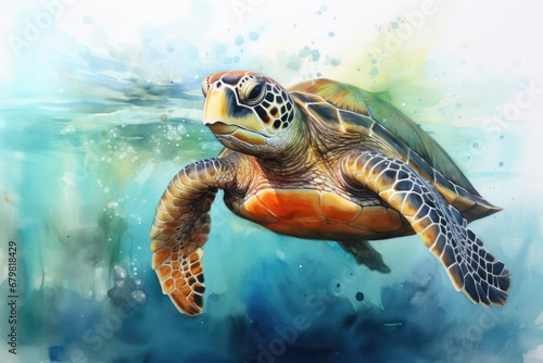 watercolor Turtle illustration with splash watercolor textured background