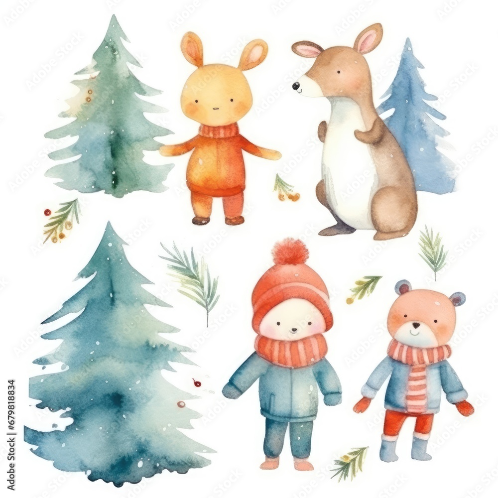 set different cartoon winter cute animals character of watercolors on white background
