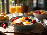 A Delicious Breakfast Bowl: Cereal, Eggs, and Fresh Fruit in Harmony