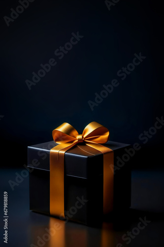 stylish black box with gold ribbon, holiday gift, black Friday, birthday, merry Christmas, Happy New Year, winter holidays. artificial intelligence generator, AI, neural network image. background for 