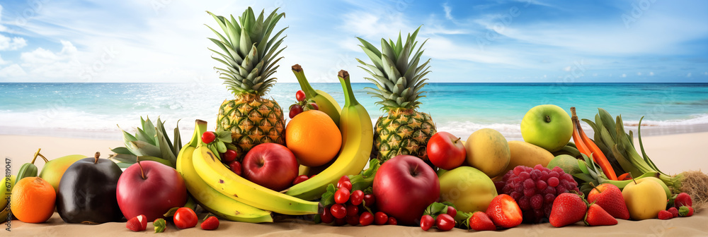 Tropical Delight: Fruits and Vegetables on a Beach, Embracing Healthy Eating and Vegan Lifestyle Tropical Delight: Fruits and Vegetables on a Beach, Embracing Healthy Eating and Vegan Lifestyle