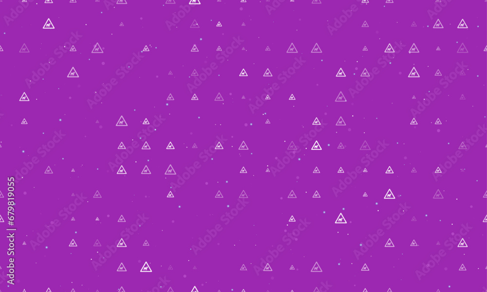Seamless background pattern of evenly spaced white pets road signs of different sizes and opacity. Vector illustration on purple background with stars