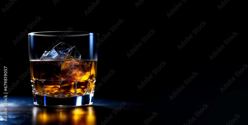 alcoholic drink with ice in a glass, whiskey, cognac, vodka. artificial intelligence generator, AI, neural network image. black background for the design. alcoholic drink with ice in a glass, whiskey, cognac, vodka. artificial intelligence generator, AI, neural network image. black background for the design.