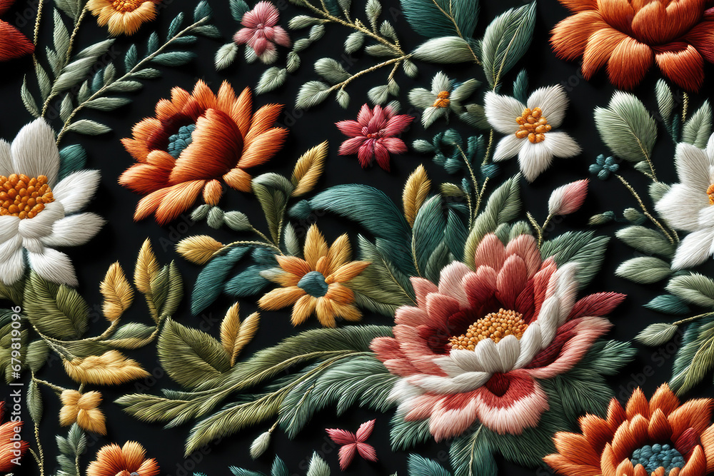 Fototapeta premium Realistic embroidery colorful flowers wallpaper design. Generative ai