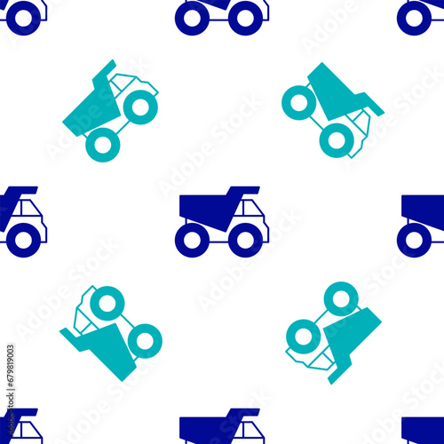 Blue Mining dump truck icon isolated seamless pattern on white background. Vector