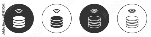 Black Smart Server, Data, Web Hosting icon isolated on white background. Internet of things concept with wireless connection. Circle button. Vector