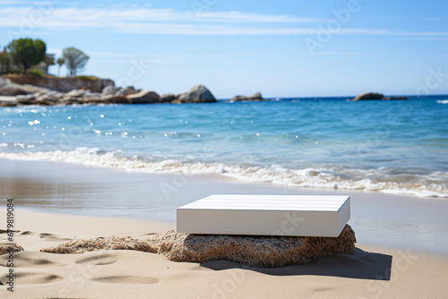 Podium or pedestal on beach background, selective focus