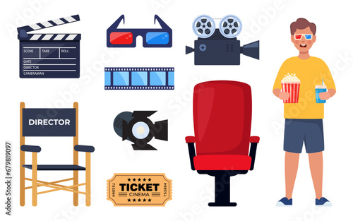 Kid with 3d glasses, soda and popcorn. Set of cinema elements. Tickets, clapperboard, montage tape, video camera. Vector illustration.
