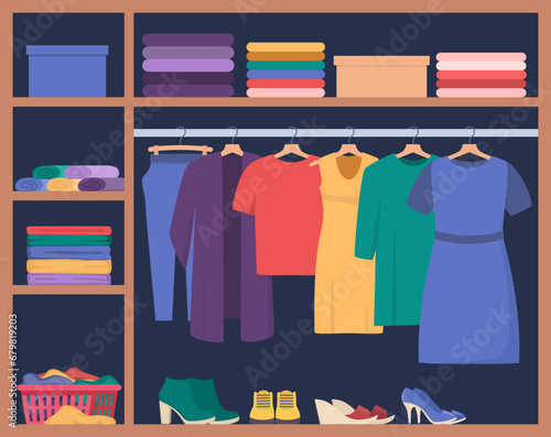 Wardrobe. Inner space closet, shelves and hangers with female clothes, shoes and accessories, organization and storage clothing. Vector illustration.