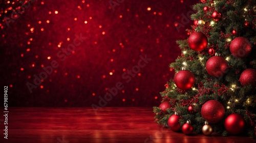 A Shimmering Holiday Spectacle: Christmas Tree Adorned with Red and Gold Ornaments