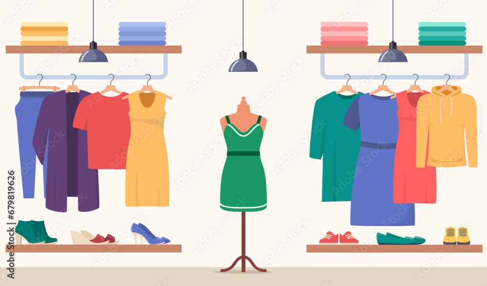 Clothing store. Clothes shop interior, boutique. Various women's and men's clothes on hangers, shoes on shelves, mannequin. Vector illustration. - obrazy, fototapety, plakaty 