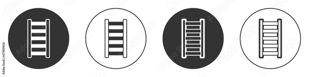 Black Fire escape icon isolated on white background. Pompier ladder. Fireman scaling ladder with a pole. Circle button. Vector Black Fire escape icon isolated on white background. Pompier ladder. Fireman scaling ladder with a pole. Circle button. Vector