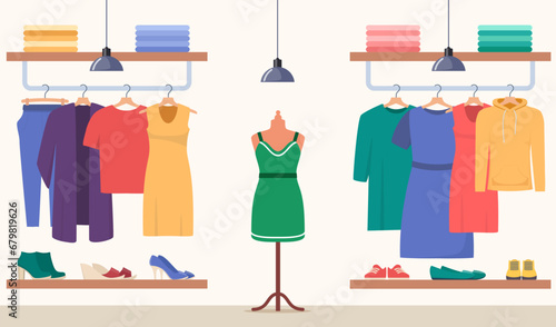 Clothing store. Clothes shop interior, boutique. Various women's and men's clothes on hangers, shoes on shelves, mannequin. Vector illustration.