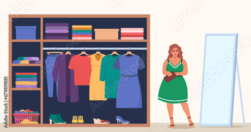 Woman standing near wardrobe to choose stylish outfit. Girl tries on clothes at home in front of a mirror. Girl choosing clothes. Vector illustration.
