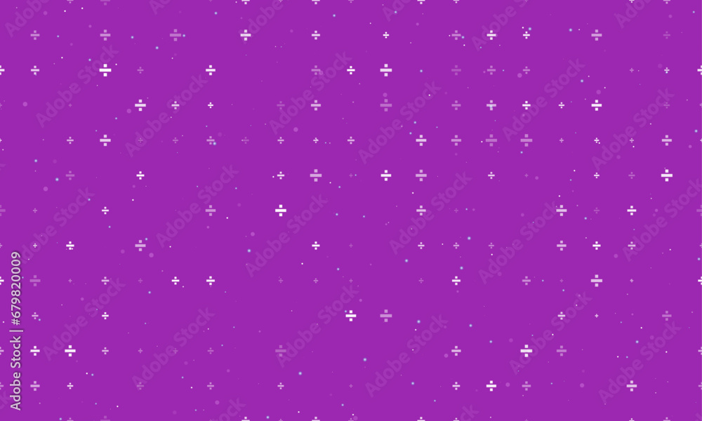 Seamless background pattern of evenly spaced white division symbols of different sizes and opacity. Vector illustration on purple background with stars