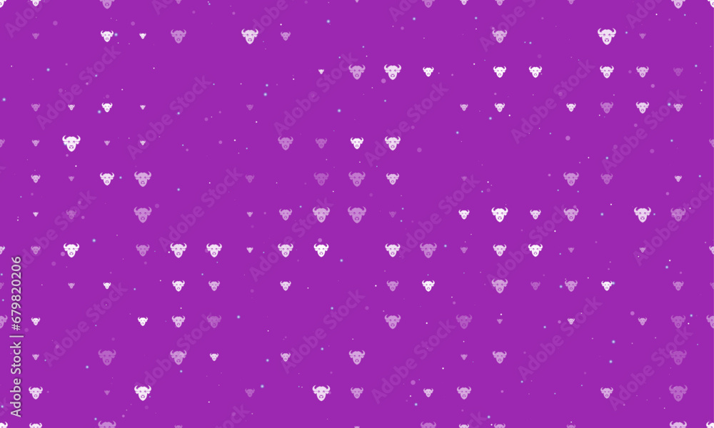 Seamless background pattern of evenly spaced white buffalo head symbols of different sizes and opacity. Vector illustration on purple background with stars