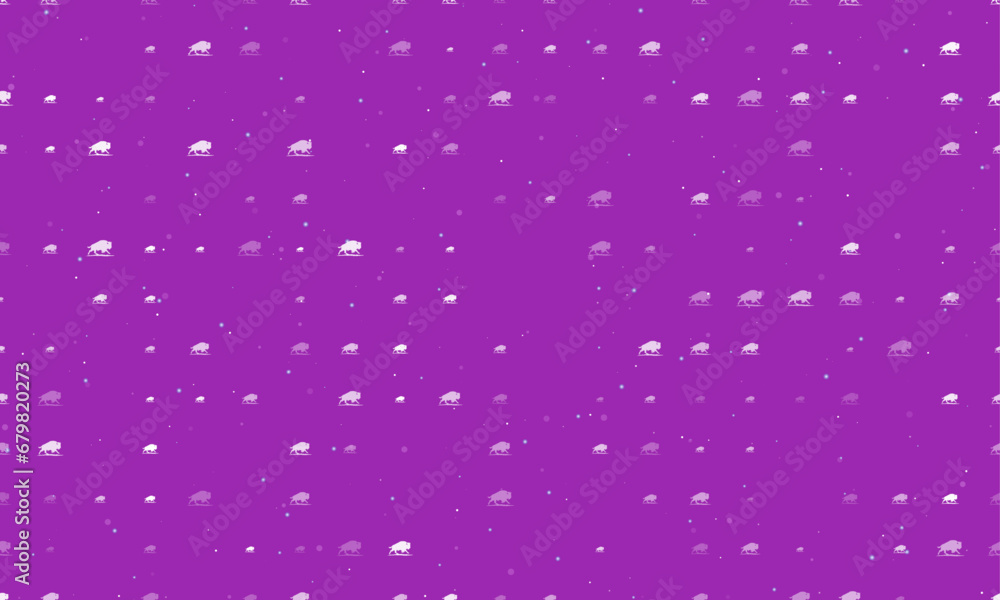 Seamless background pattern of evenly spaced white wild buffalos of different sizes and opacity. Vector illustration on purple background with stars