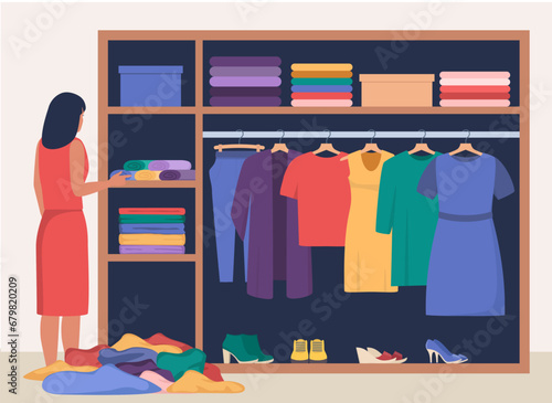 Woman standing in front of opened closet with apparel hanging inside and pile of clothes on floor. Cleaning throwing things home closet, organize clothing order. Vector illustration.
