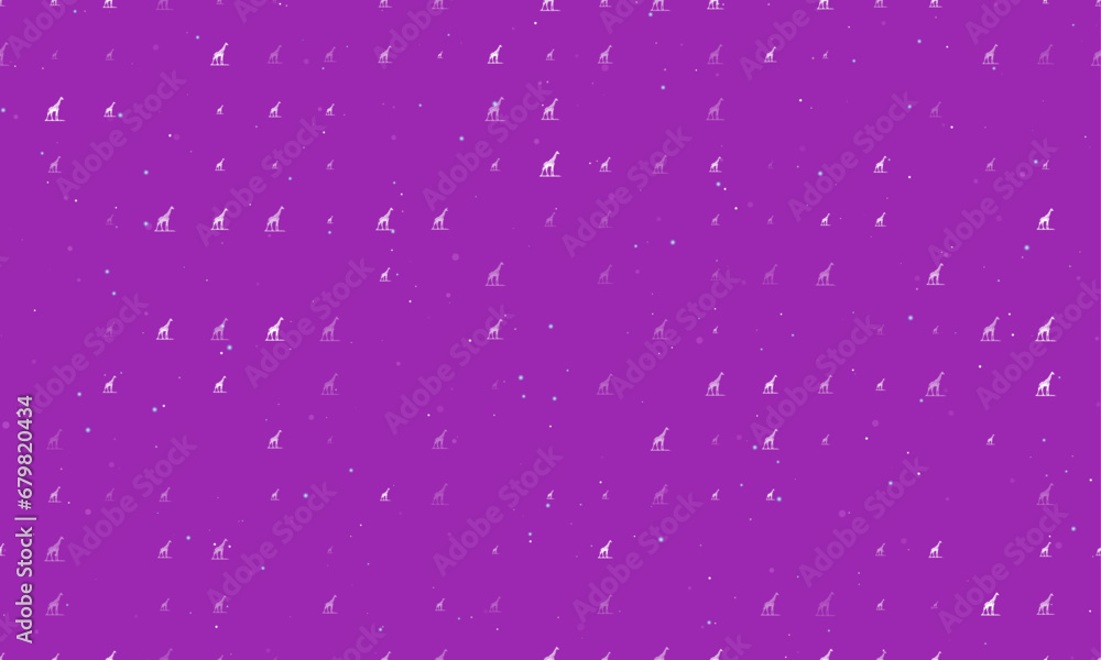 Seamless background pattern of evenly spaced white wild giraffe symbols of different sizes and opacity. Vector illustration on purple background with stars