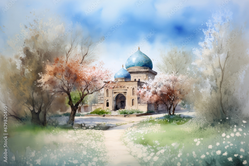 Uzbekistan in spring, watercolor. AI generative