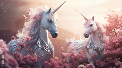 magical silver unicorns with long manes graze in a magical meadow of flowers. fantasy landscape. fairytale concept