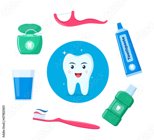 Healthy happy tooth character surrounded by dental cleaning tools, oral hygiene products. Dental health concept. Vector illustration.