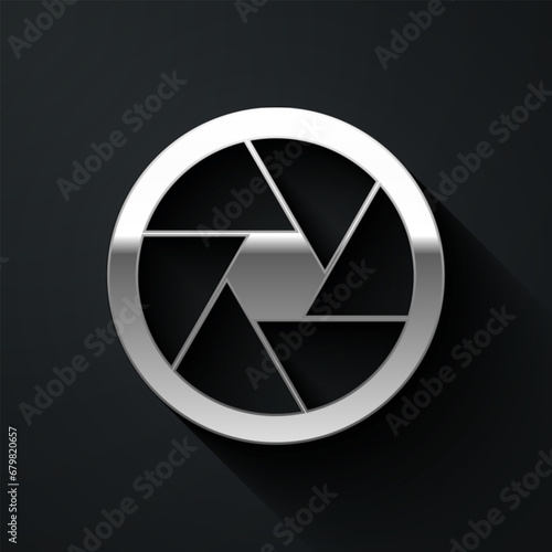Silver Camera shutter icon isolated on black background. Long shadow style. Vector