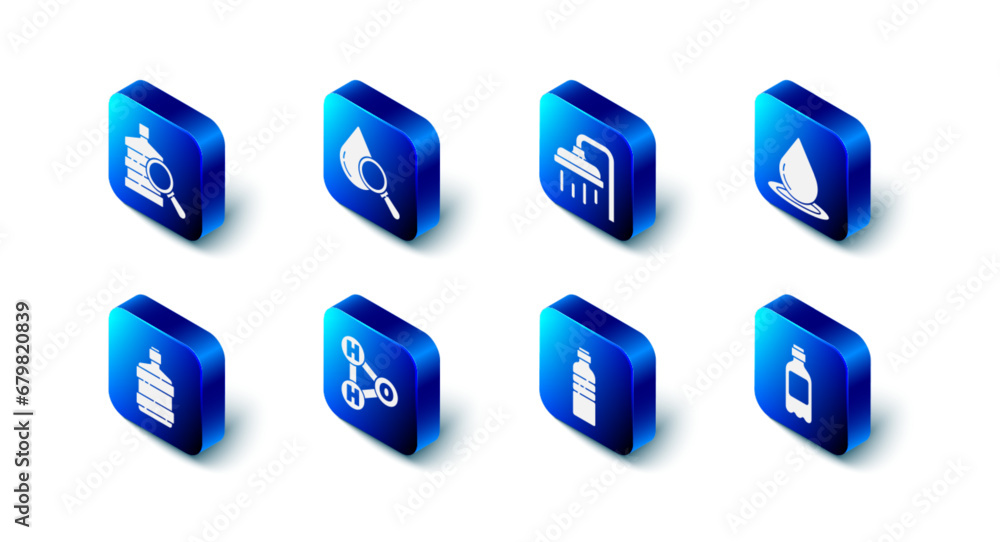 Set Drop and magnifying glass, Shower head, Water drop, Bottle of water, Chemical formula for H2O, Big bottle with clean and icon. Vector Set Drop and magnifying glass, Shower head, Water drop, Bottle of water, Chemical formula for H2O, Big bottle with clean and icon. Vector
